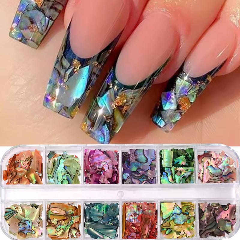 BSBTBZ 12Grids Nail Art Aurora Abalone Shell Flakes, Shiny Irregular Sea Shell 3D Charms Summer Slices Holographic Nail Art Sequins Natural Sea Shells Nail Glitters Manicure Paillette Tip Decor Accessories - Image 3
